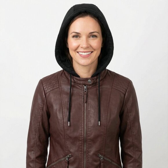 Sebby brown faux leather biker jacket w/black quilted hood/vest size s - Picture 3 of 12